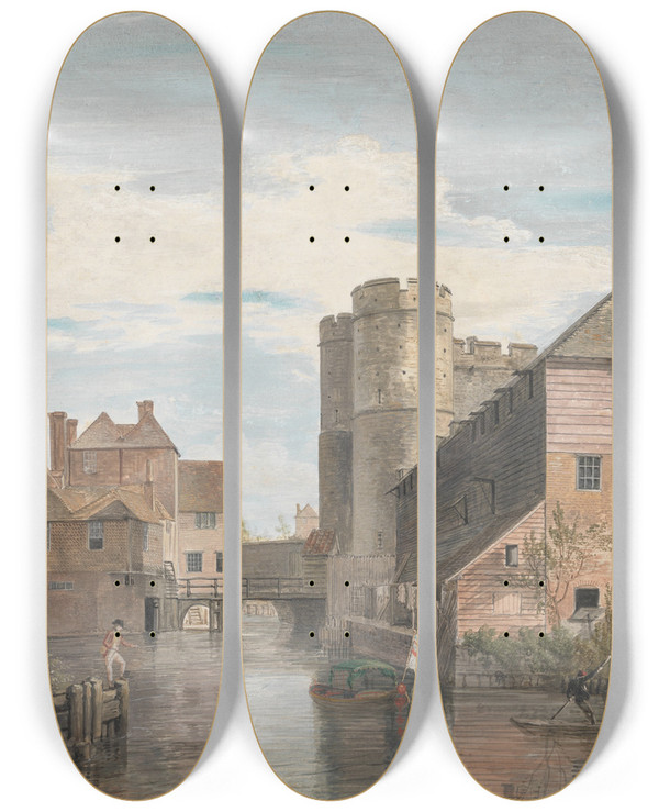 Triptych art skateboard deck of Paul Sandby The Westgate Canterbury by Paul Sandby (1731-1809)