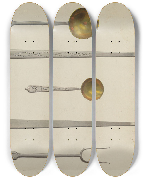 Triptych art skateboard deck of Fritz Boehmer Kitchen Utensils by Fritz Boehmer