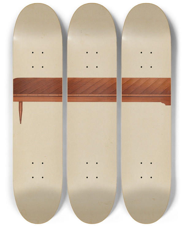 Triptych art skateboard deck of Lon Cronk Shaker Dining Table by Lon Cronk