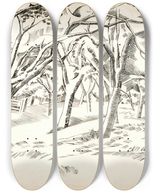 Triptych art skateboard deck of Paul Nash The Orchard by Paul Nash (1889-1946)