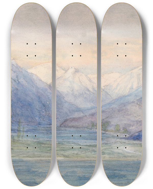 Triptych art skateboard deck of John Ruskin Mountainlandscape by John Ruskin (1819-1900)