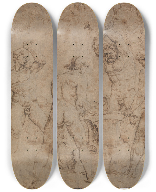 Triptych art skateboard deck of Maarten Van Heemskerck Vulkans Smedie by Maarten Van Heemskerck (1498-1574)