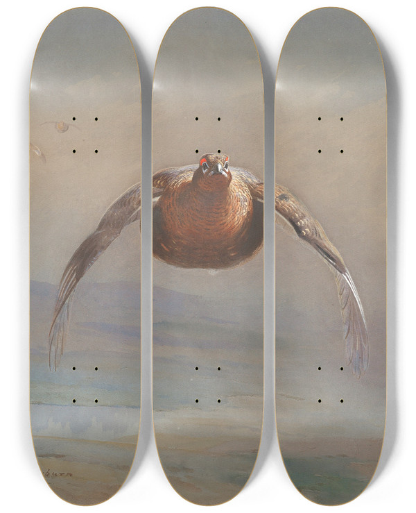 Triptych art skateboard deck of Archibald Thorburn Grouse In Flight by Archibald Thorburn (1860-1935)