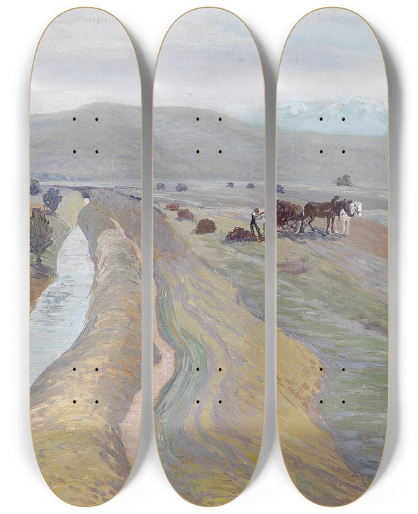 Triptych art skateboard deck of Max Kahrer Auf Dem Feld by Max Kahrer (1878-1937)