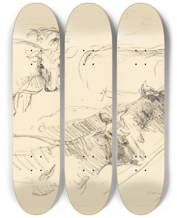 Triptych art skateboard deck of Lovis Corinth Cows Khe by Lovis Corinth (1858-1925)