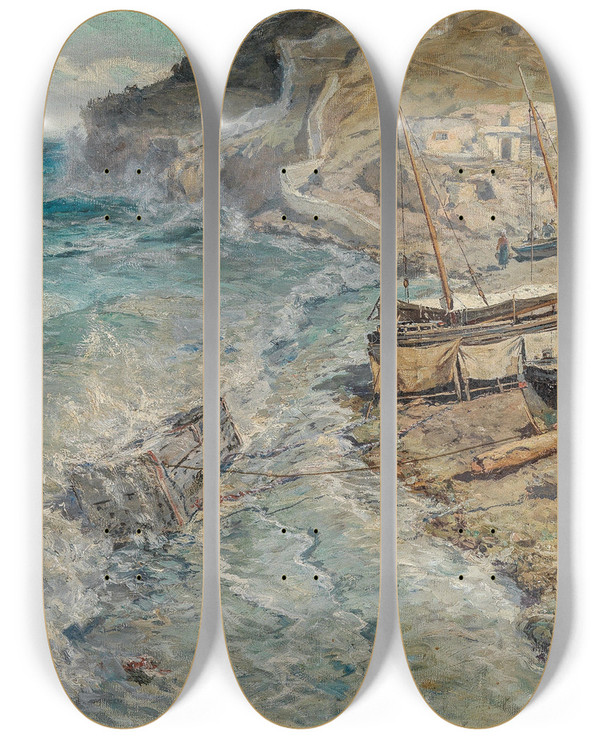 Triptych art skateboard deck of Anton Josef Pepin On The Neapolitan Coast by Anton Josef Pepin (1863-1921)