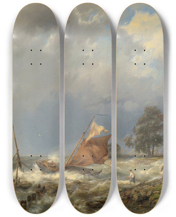 Triptych art skateboard deck of Hermanus Koekkoek Fighting The Wind by Hermanus Koekkoek (1815-1882)