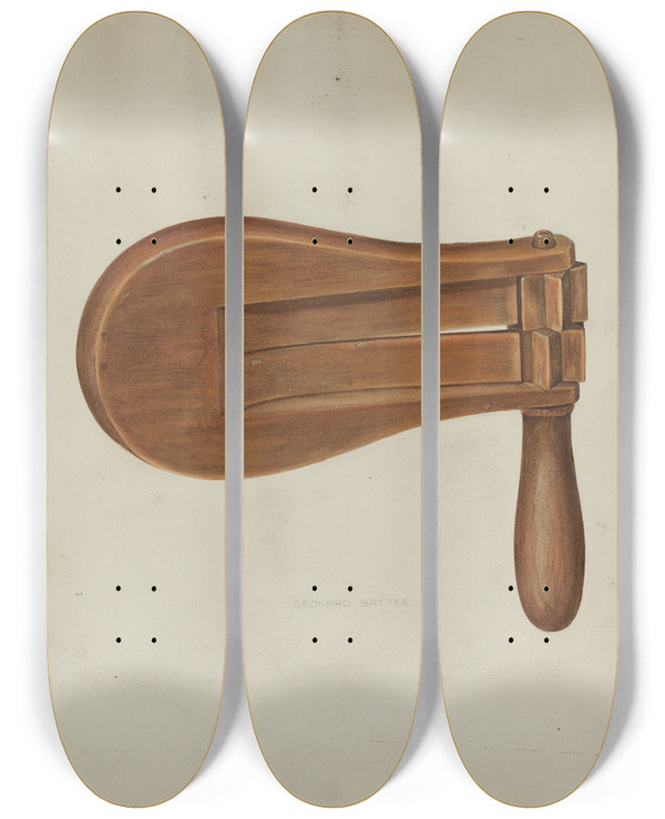 Triptych art skateboard deck of Leonard Battee Watchmans Rattle by Leonard Battee