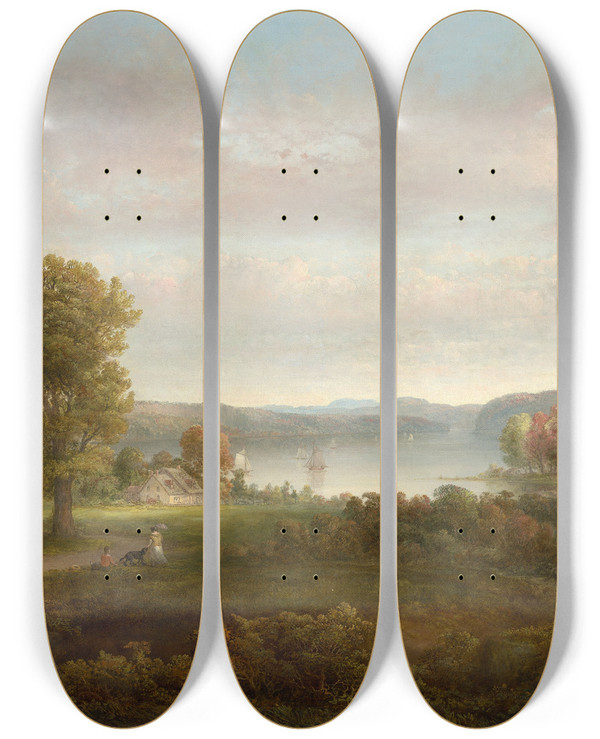 Triptych art skateboard deck of Thomas Doughty View On The Hudson In Autumn by Thomas Doughty (1793-1856)