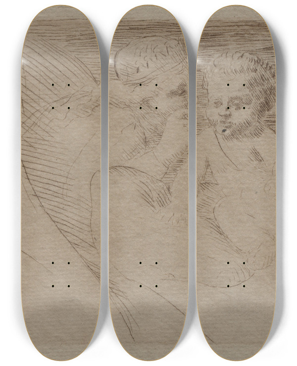 Triptych art skateboard deck of Alphonse Legros Mab And Cupid by Alphonse Legros (1837-1911)