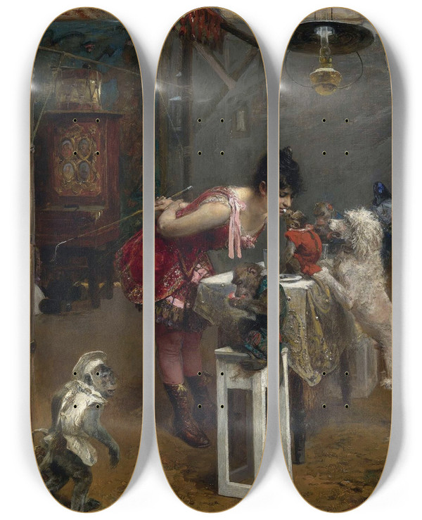 Triptych art skateboard deck of Paul Friedrich Meyerheim Sideshow Tricks by Paul Friedrich Meyerheim (1842-1915)