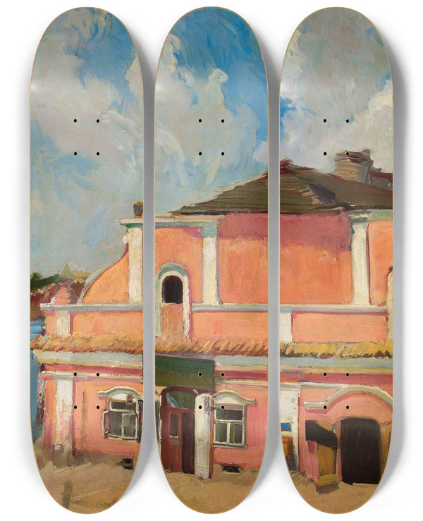 Triptych art skateboard deck of Konrad Krzyanowski View Of Berestechko by Konrad Krzyzanowski (1872-1922)