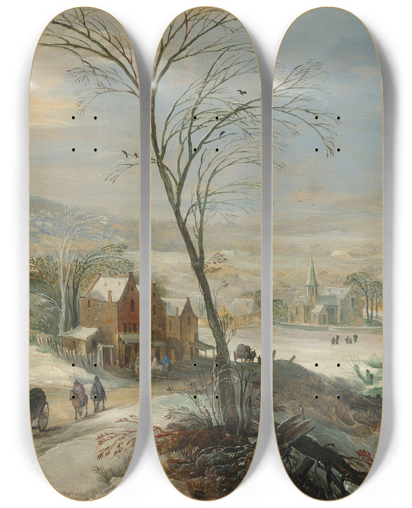 Triptych art skateboard deck of Joos De Momper Paysage Dhiver Avec Un Moulin Vent by Joos de Momper (1564-1634)