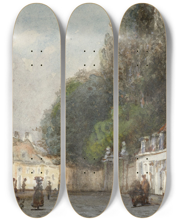 Triptych art skateboard deck of Carel Jacobus Behr Stadsgezicht by Carel Jacobus Behr (1812-1895)