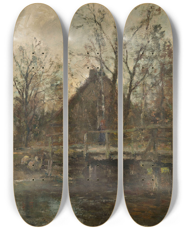 Triptych art skateboard deck of Rudolf Hckner Bauernhof Am Wasser by Rudolf Hockner (1864-1942)