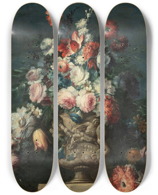 Triptych art skateboard deck of Michele Antonio Rapous Stilllife With A Bouquet by Michele Antonio Rapous