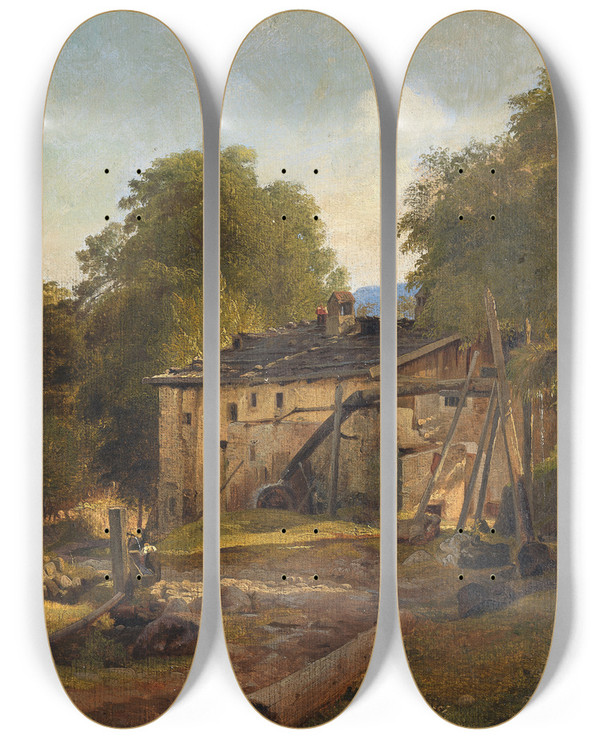 Triptych art skateboard deck of Louis Gurlitt Tyrolean Landscape Study by Louis Gurlitt (1812-1897)