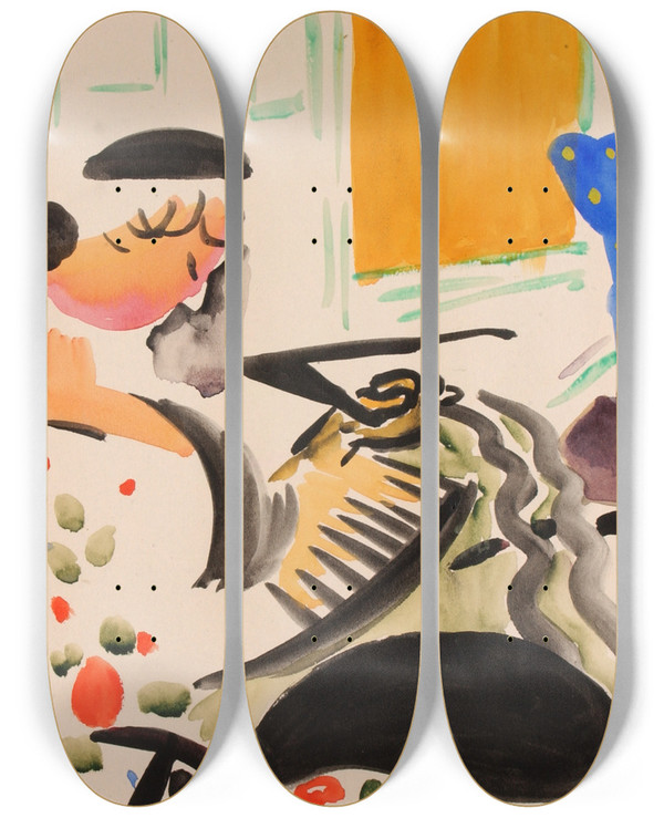 Triptych art skateboard deck of Henry Lyman Saen Calligraphic Interior by Henry Lyman Saen (1875-1918)