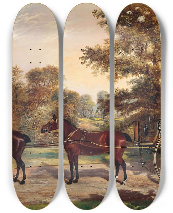 Triptych art skateboard deck of Benjamin Cam Norton Carriage Horses Harnessed In Tandem by Benjamin Cam Norton (1835-1900)