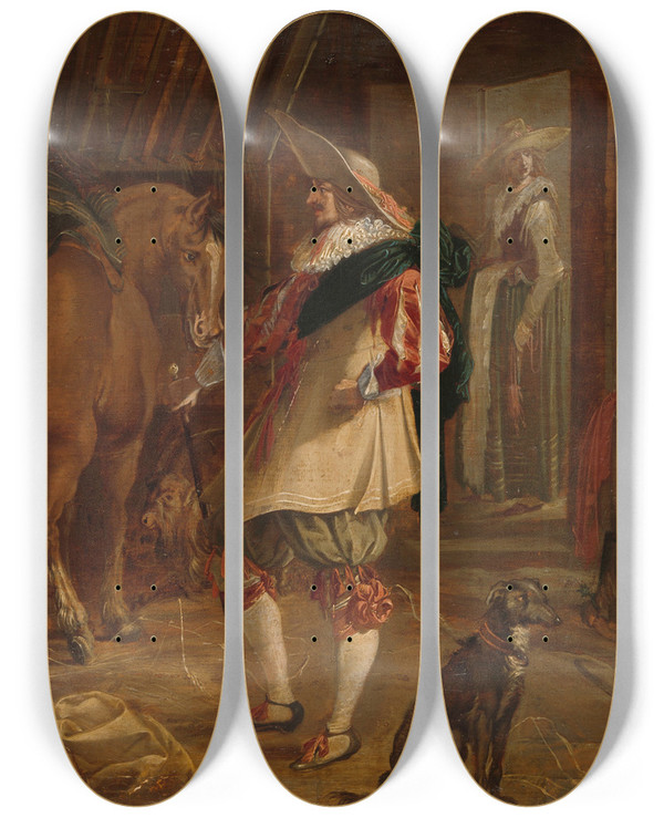 Triptych art skateboard deck of F Jansen A Guard House by F Jansen