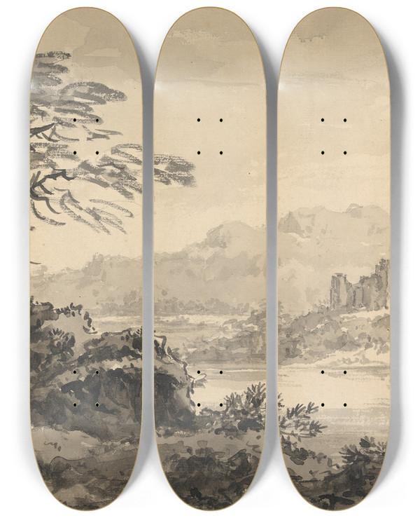 Triptych art skateboard deck of William Gilpin Landscape With Two Trees And Castle by William Gilpin (1724-1804)