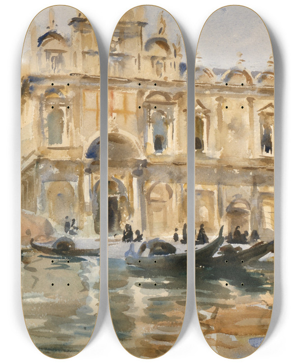 Triptych art skateboard deck of John Singer Sargent Rio Dei Mendicanti Venice by John Singer Sargent (1856-1925)
