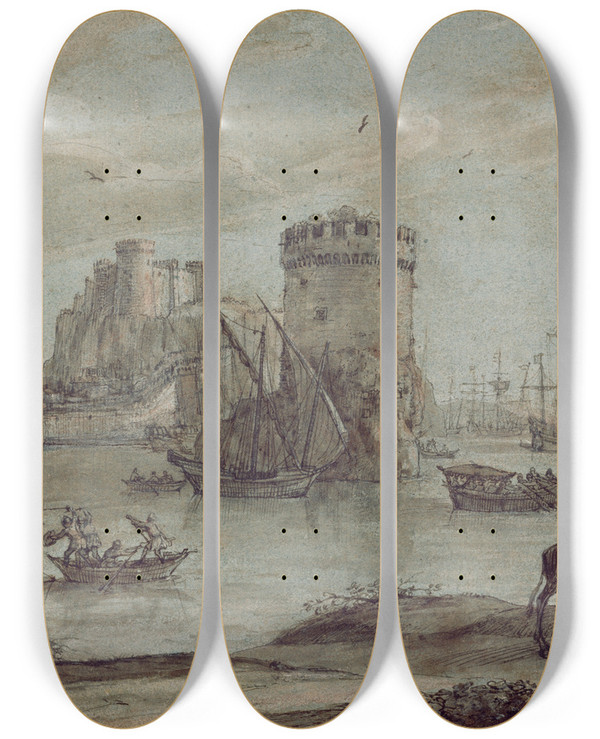 Triptych art skateboard deck of Claude Lorrain Figures In A Landscape Before A Harbor by Claude Lorrain (1604-1682)