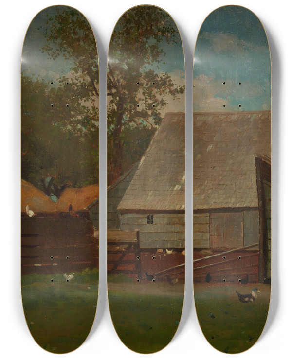 Triptych art skateboard deck of Winslow Homer Farmyard With Ducks And Chickens by Winslow Homer (1836-1910)