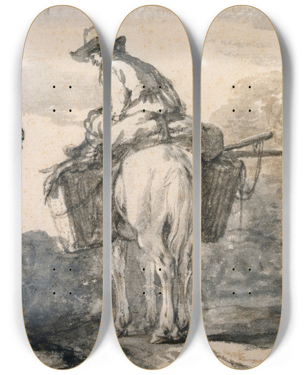 Triptych art skateboard deck of Philips Wouwerman Two Travellers In Conversation by Philips Wouwerman (1619-1668)