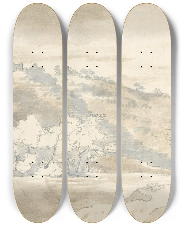 Triptych art skateboard deck of Joseph Wright Of Derby Landscape With Building On A Distant Hill by Joseph Wright Of Derby (1734-1797)