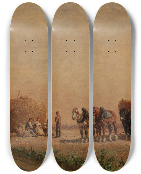 Triptych art skateboard deck of Julesjacques Veyrassat Resting Haymakers by Jules-Jacques Veyrassat (1828-1893)