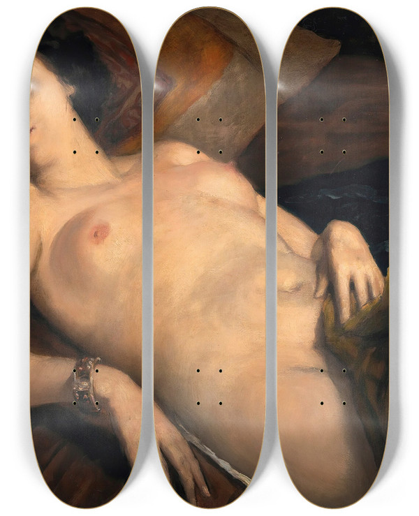 Triptych art skateboard deck of Emile Bernard Nu Couch Au Bracelet by Emile Bernard (1868-1941)