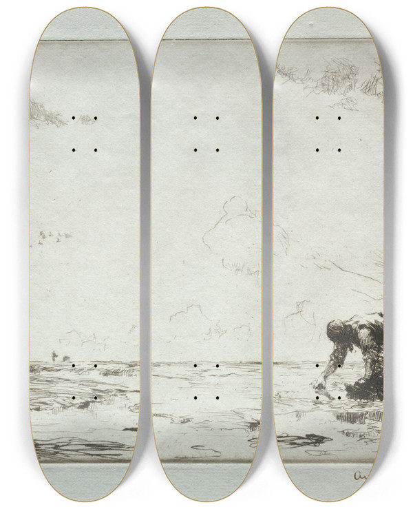Triptych art skateboard deck of Arthur John Trevor Briscoe The Winkle Picker by Arthur John Trevor Briscoe (1873-1943)