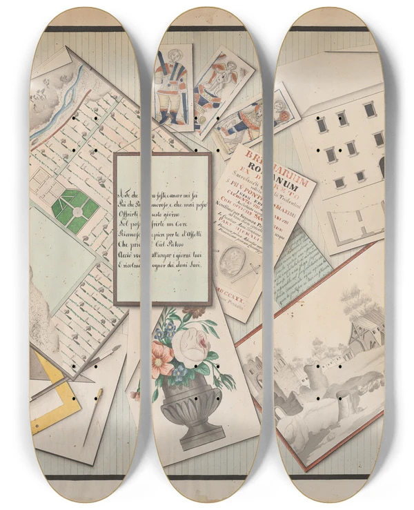 Triptych art skateboard deck of Giuseppe Voltolini Trompe Loeil by Giuseppe Voltolini (-19-)