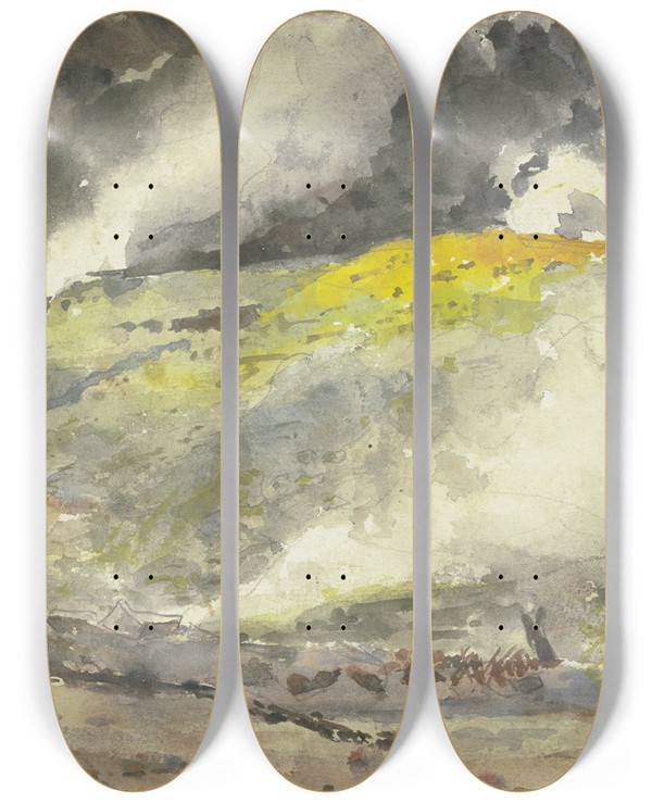 Triptych art skateboard deck of Fritz Hauck Papandajan Auf Java by Fritz Hauck (1852-1909)