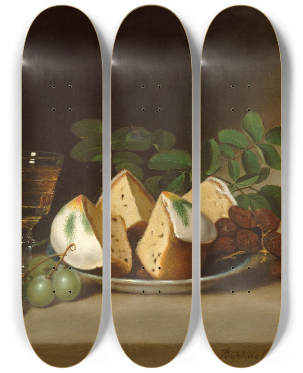 Triptych art skateboard deck of Raphaelle Peale Still Life With Cake by Raphaelle Peale (1774-1825)