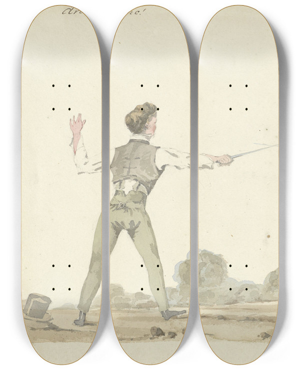 Triptych art skateboard deck of Pieter Van Loon Duellerende Mannen by Pieter Van Loon (1801-1873)