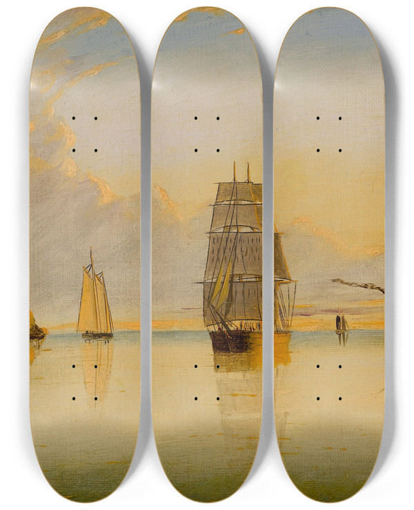 Triptych art skateboard deck of Clement Drew Morning Off Boston Light by Clement Drew (1806-1889)