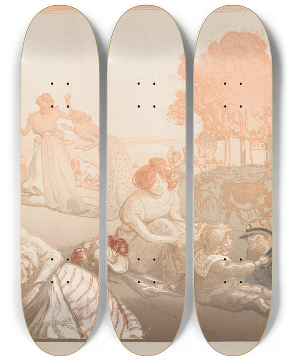 Triptych art skateboard deck of Auguste Louis Lepre Bucolique Moderne 5 by Auguste Louis Lepere (1849-1918)