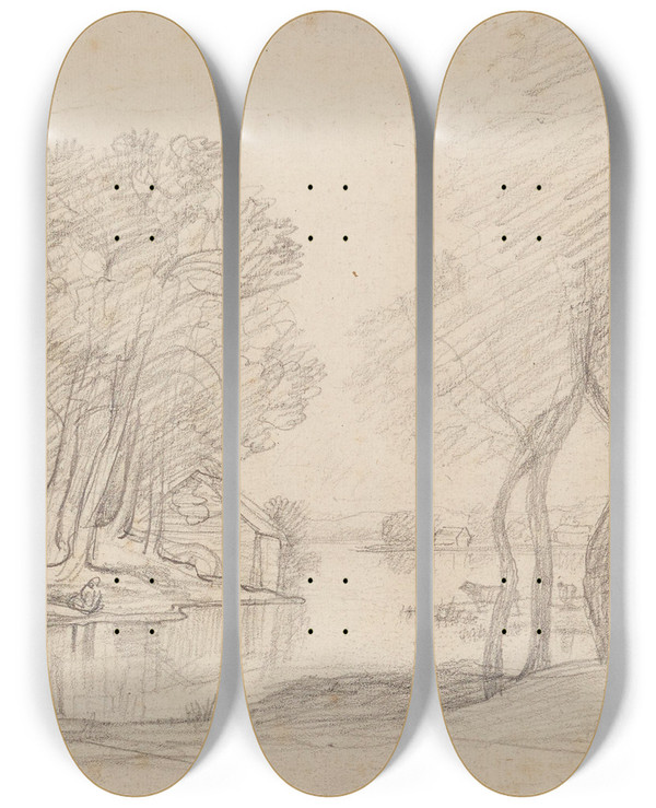 Triptych art skateboard deck of Nicolas Louis Cabat Paysage by Nicolas Louis Cabat (1812-1893)