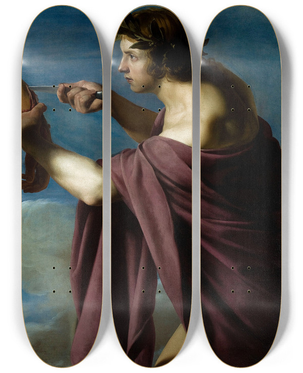 Triptych art skateboard deck of Bartolomeo Manfredi Apollo And Marsyas by Bartolomeo Manfredi (1580-1620)
