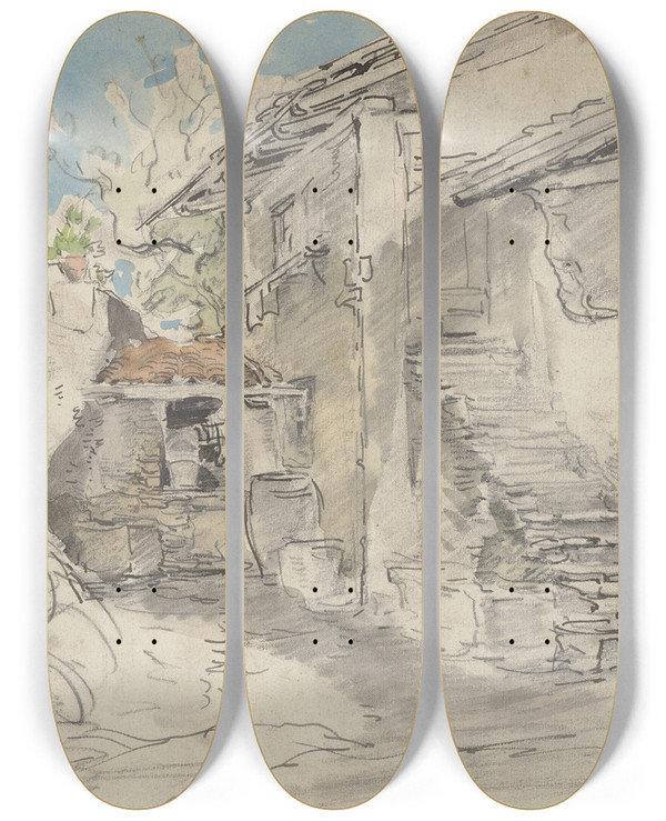 Triptych art skateboard deck of Anton Burger Hof Neben Bauernhaus Mit Treppe by Anton Burger (1824-1905)