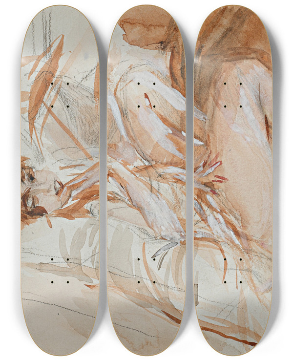 Triptych art skateboard deck of Giovanni Boldini Reclining Lady by Giovanni Boldini (1842-1931)