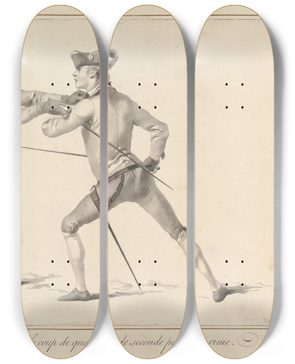 Triptych art skateboard deck of James Gwin Position Aprs Avoir Desarme Sur Le Coup De Quarte Ou De Seconde Par De Prime by James Gwin (1720-1769)