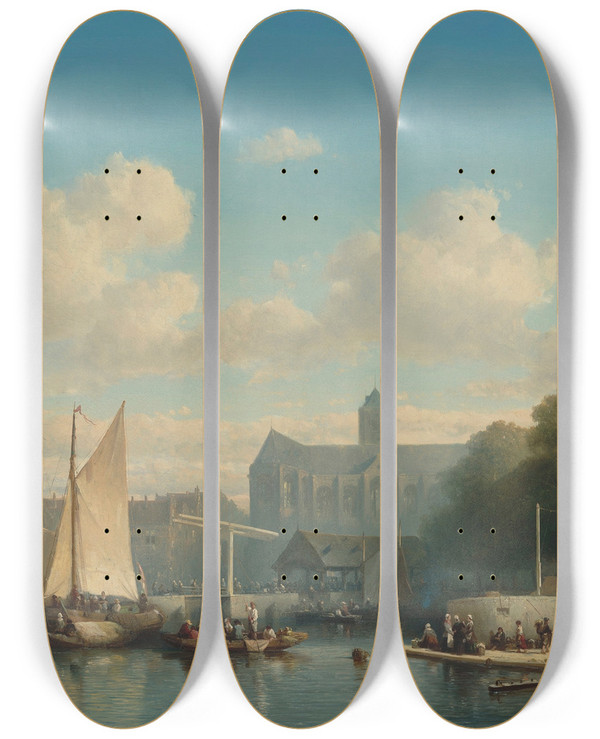 Triptych art skateboard deck of Salomon Leonardus Verveer Town Dock In Summer by Salomon Leonardus Verveer (1813-1876)