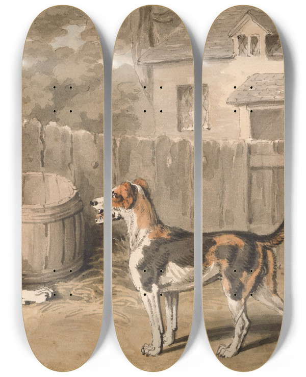 Triptych art skateboard deck of Samuel Howitt The Mischievous Dog by Samuel Howitt (1756-1822)