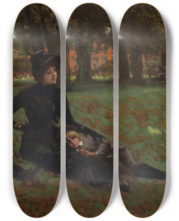 Triptych art skateboard deck of James Tissot Hampton Court by James Tissot (1836-1902)