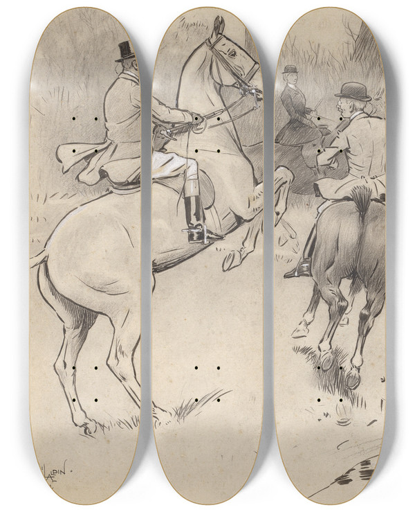 Triptych art skateboard deck of Cecil Charles Windsor Aldin Hold Back Sir by Cecil Charles Windsor Aldin (1870-1935)