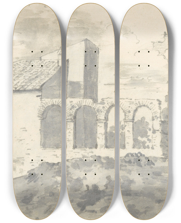 Triptych art skateboard deck of Joseph Wright Of Derby Tile Roofed Building With An Arcade by Joseph Wright Of Derby (1734-1797)