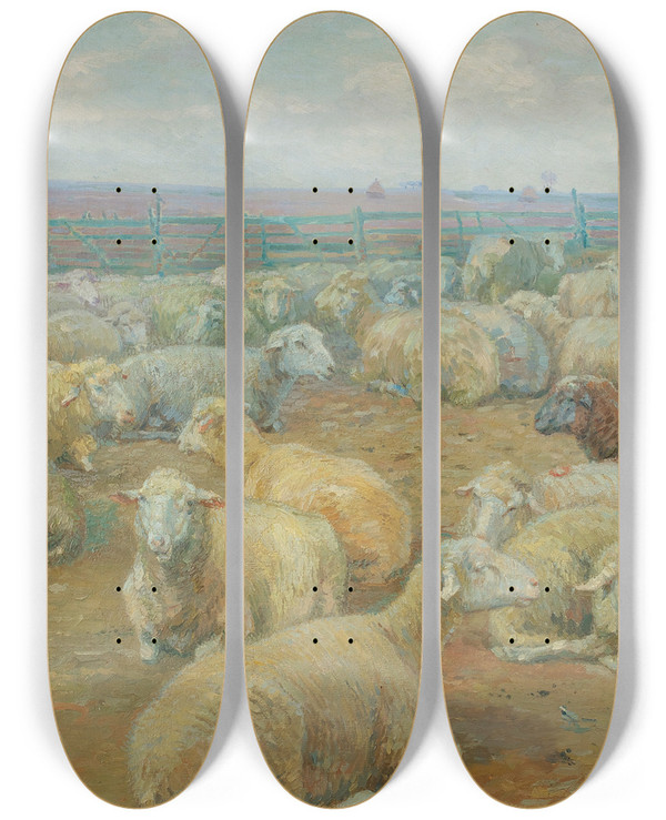 Triptych art skateboard deck of Rudolf Konopa Flock Of Sheep by Rudolf Konopa (1864-1938)